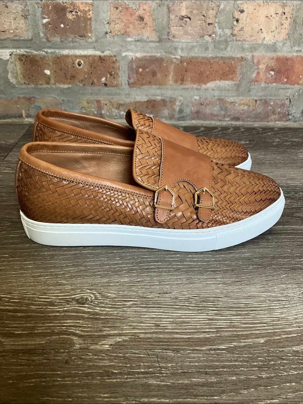 Marc Nolan Kyler cognac woven leather monk strap sneakers
